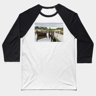 Peaceful landscape with lake and wooden boat Baseball T-Shirt